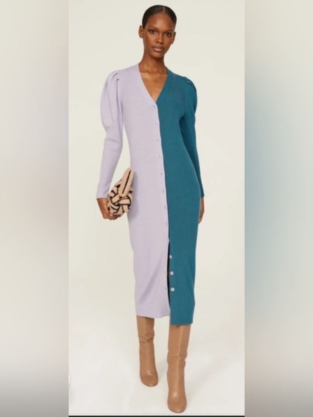 Busayo Colorblock Button-Front Midi Dress In Lavender And Teal 100 % Wool Dress